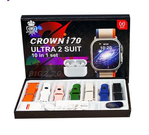 Crown i70 Ultra 2 Suit 10+1 Set Big 2.20 Smart Watch And Airpods